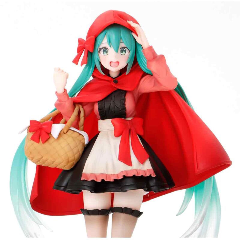Figurine Hatsune Miku Petit Chaperon Rouge posée sur un socle décoratif blanc