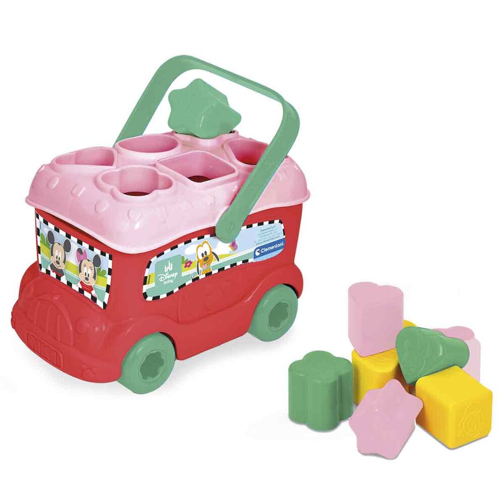 Bus éducatif Disney Baby Minnie Shape Sorter de CLEMENTONI avec 9 formes colorées pour apprendre les formes et couleurs dès 10 mois.