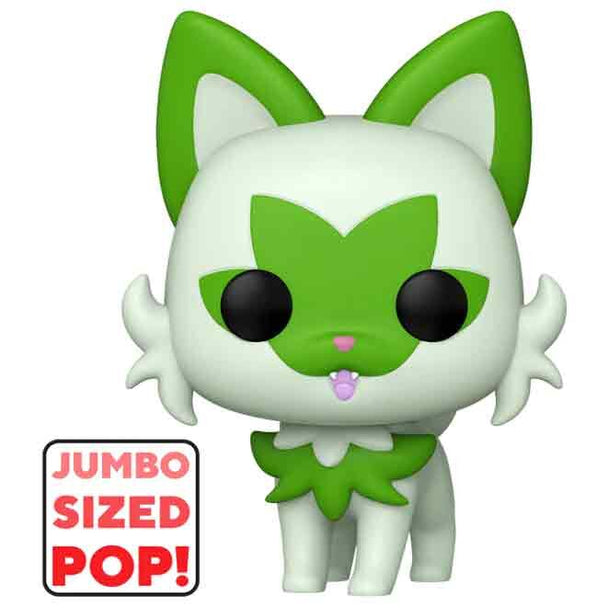 Figurine POP Jumbo Pokémon Sprigatito FUNKO 25cm montrant le côté gauche et sa posture dynamique