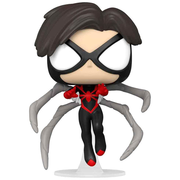 Vue détaillée de la figurine Funko POP exclusive Spider-Woman Mattie Franklin avec ses couleurs vives et son design unique