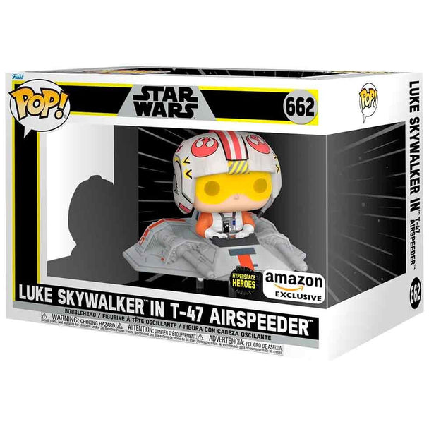 Figurine FUNKO POP exclusive de Luke Skywalker pilotant son T-47 Airspeeder dans Star Wars, vue de face avec détails colorés