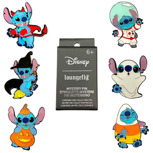 Pin's émaillé Disney Stitch en tenue d'Halloween présenté dans une blind box LOUNGEFLY, parfait pour les collectionneurs.