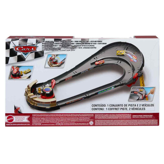 Vue rapprochée des deux véhicules Lightning McQueen et Carstin Ace Dillon inclus dans le set MATTEL Cars Nascar