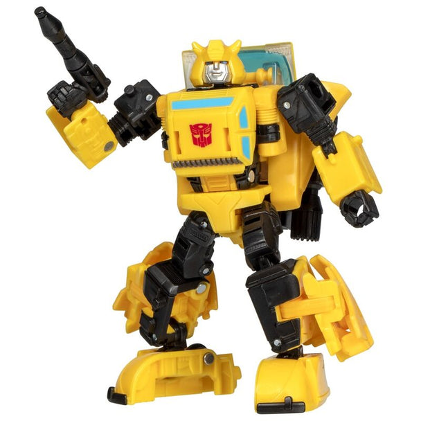 Vue latérale de la figurine Transformers Bumblebee montrant ses articulations et design.
