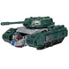 Figurine Overcharge transformée en tank, exposant les multiples étapes de transformation et les armes