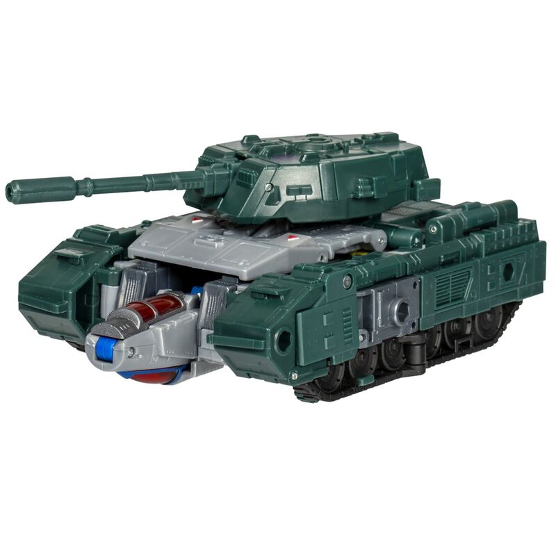 Figurine Overcharge transformée en tank, exposant les multiples étapes de transformation et les armes