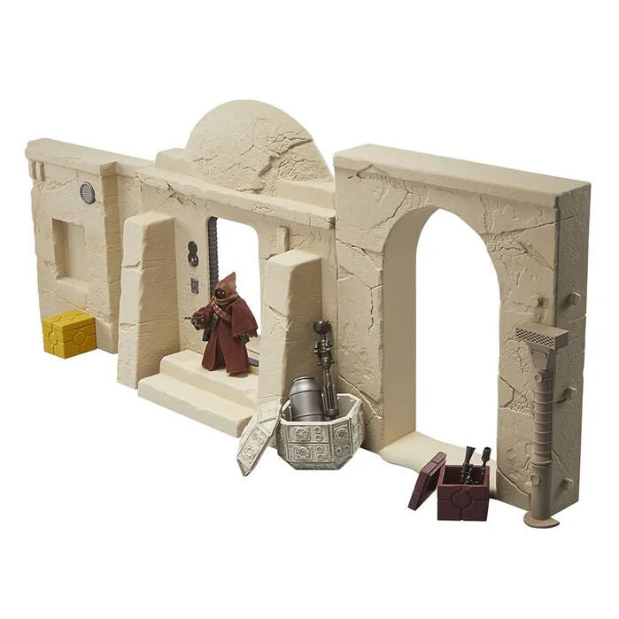 Vue arrière de la figurine Jawa Mos Eisley avec détails du costume et accessoires