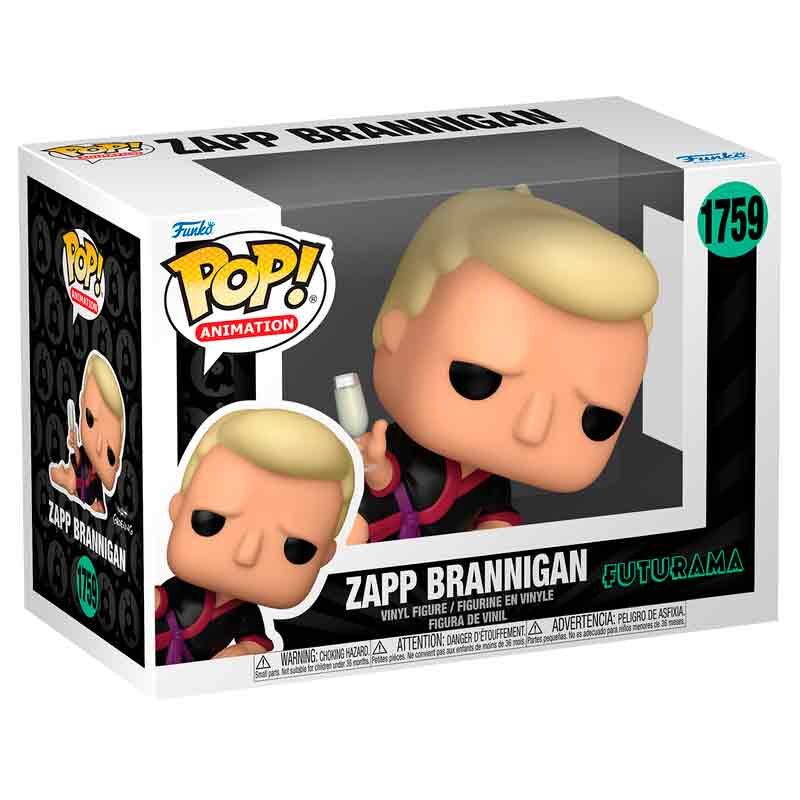Figurine Funko POP de Zapp Brannigan de Futurama en vinyle de 9 cm avec son uniforme rouge et son casque doré, présentée sur fond blanc.