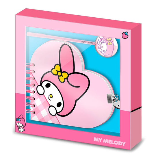 Set journal Hello Kitty et My Melody avec stylo assorti, dimensions 24x23x2,5 cm, design coloré et kawaii signé KARACTERMANIA.