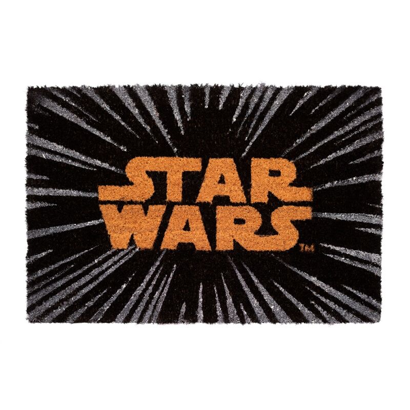 Paillasson Star Wars ERIK affichant le logo emblématique, dimensions 40x60cm, posé devant une porte d'entrée