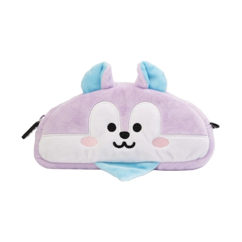 Vue de face de la trousse à crayons BT21 Mang en peluche avec fermeture éclair, couleur vive et design original.