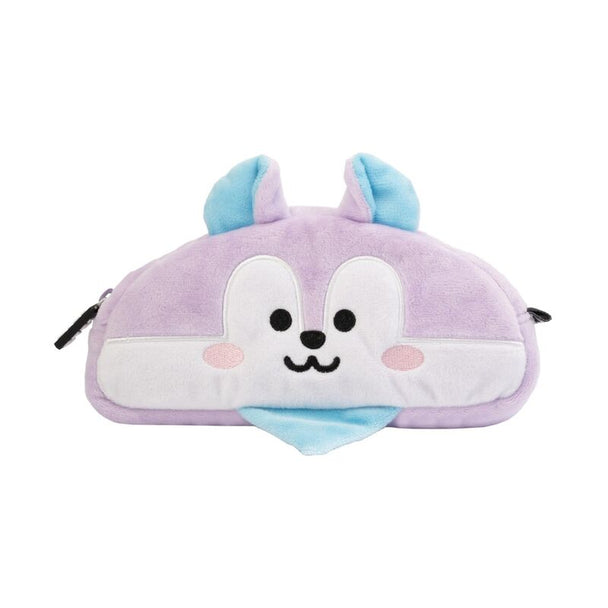 Vue de face de la trousse à crayons BT21 Mang en peluche avec fermeture éclair, couleur vive et design original.