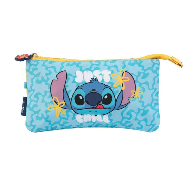 Vue de face de la trousse Disney Stitch ERIK avec trois compartiments zippés en polyester bleu