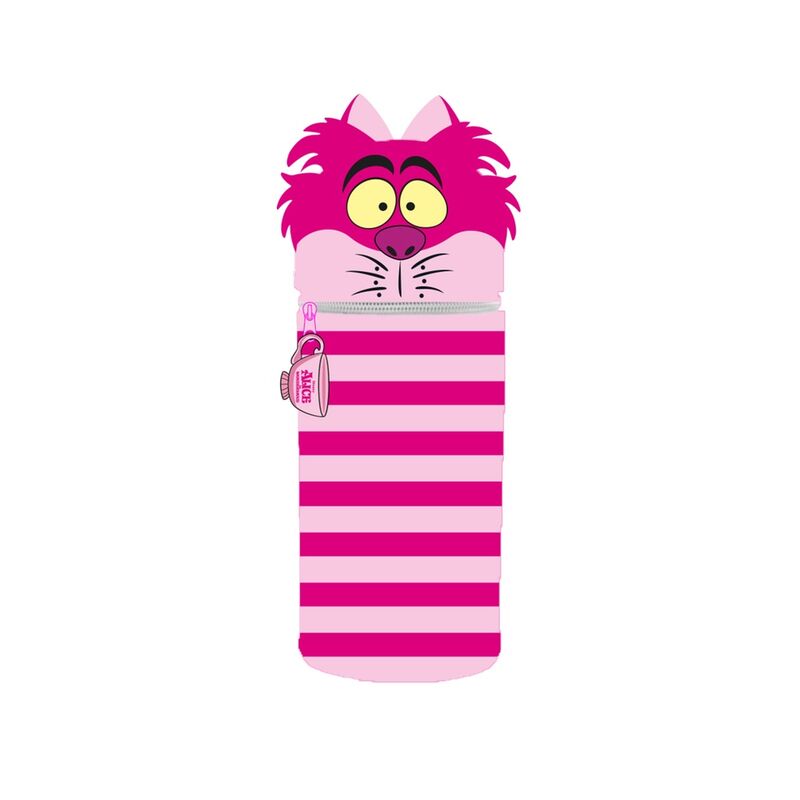 Trousse 3D représentant le Chat du Cheshire d'Alice au Pays des Merveilles avec un design coloré et détaillé, idéale pour ranger crayons et stylos.
