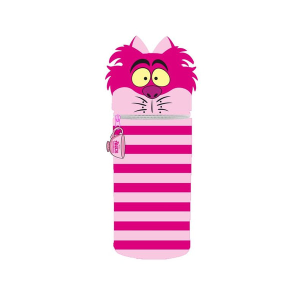 Trousse 3D représentant le Chat du Cheshire d'Alice au Pays des Merveilles avec un design coloré et détaillé, idéale pour ranger crayons et stylos.