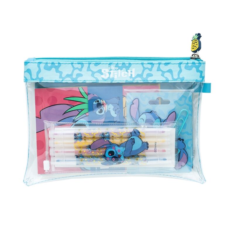 Vue d'ensemble du kit papeterie Disney Stitch avec carnets, surligneurs et accessoires colorés