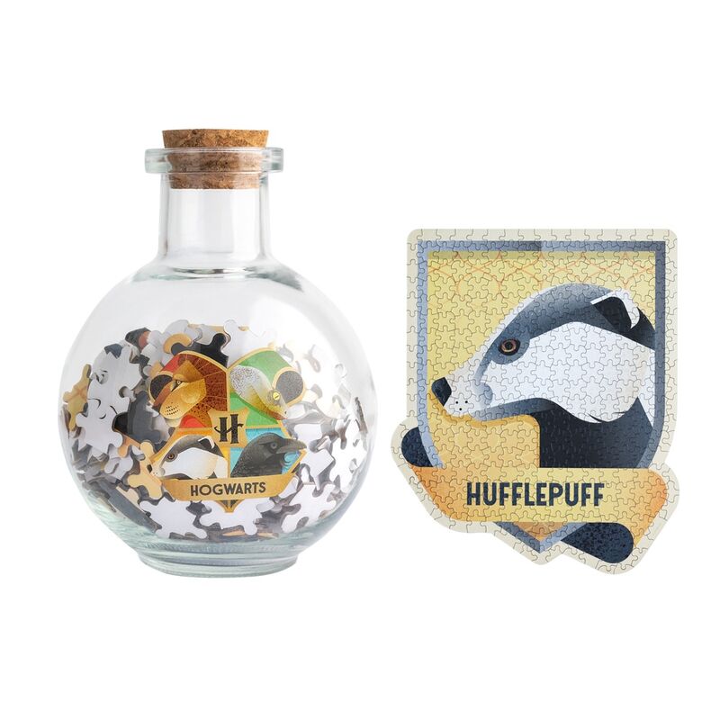 Puzzle Harry Potter Hufflepuff de 322 pièces présenté dans une fiole en verre avec bouchon en liège