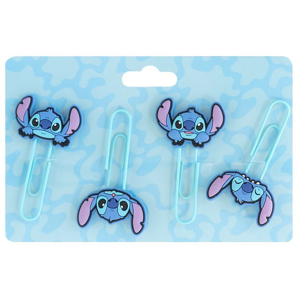 Set de 4 clips en métal avec toppers PVC représentant le personnage Disney Stitch, vue rapprochée sur un fond clair.