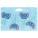 Set de 4 clips en métal avec toppers PVC représentant le personnage Disney Stitch, vue rapprochée sur un fond clair.