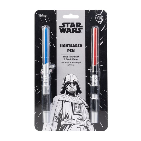 Stylo sabre laser Luke Skywalker avec LED bleue allumée sur fond blanc