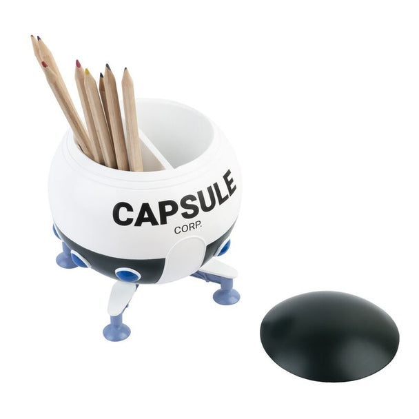 Détail des deux compartiments intérieurs du porte-crayons Dragon Ball Z Capsule Corp
