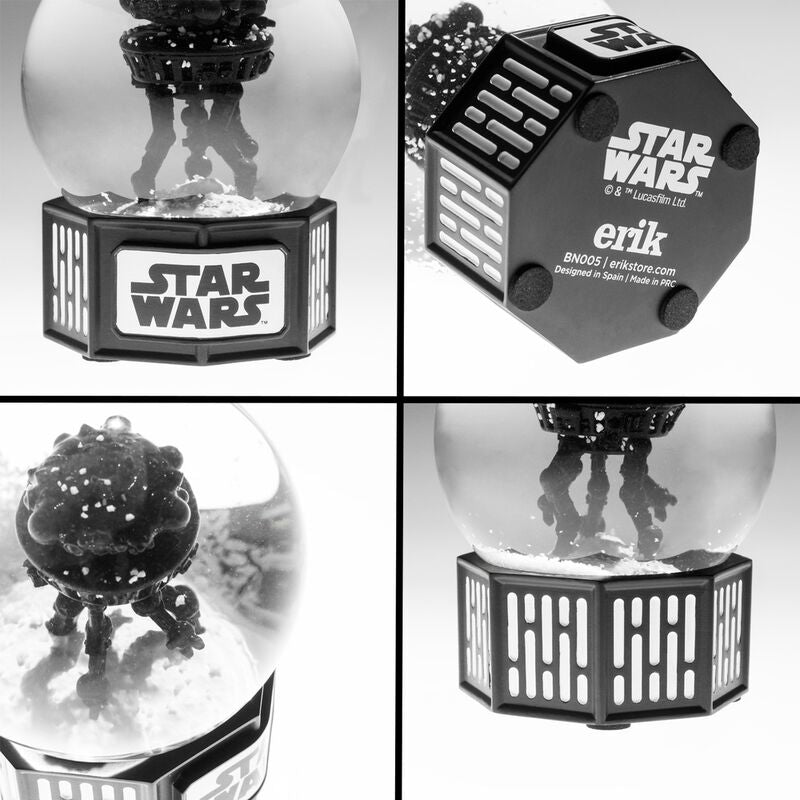 Vue latérale de la boule à neige Star Wars ERIK montrant la sphère en verre et base en résine