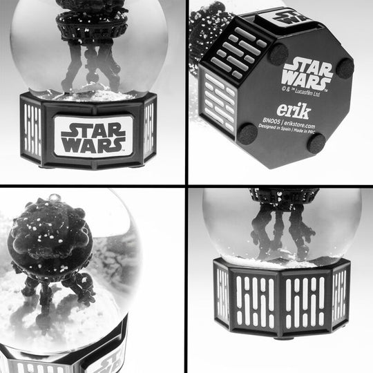 Vue latérale de la boule à neige Star Wars ERIK montrant la sphère en verre et base en résine