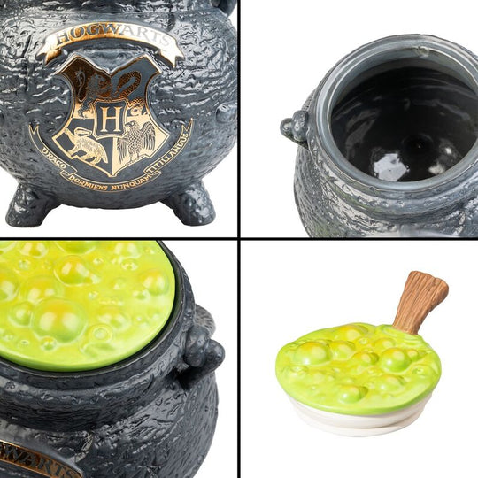 Vue latérale de la boîte à biscuits chaudron Harry Potter montrant son design en céramique de 20 cm