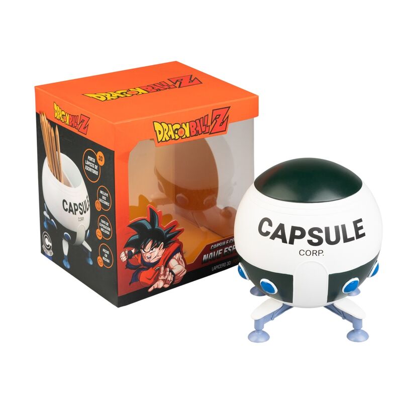 Vue latérale du porte-crayons Dragon Ball Z Capsule Corp peint à la main en résine