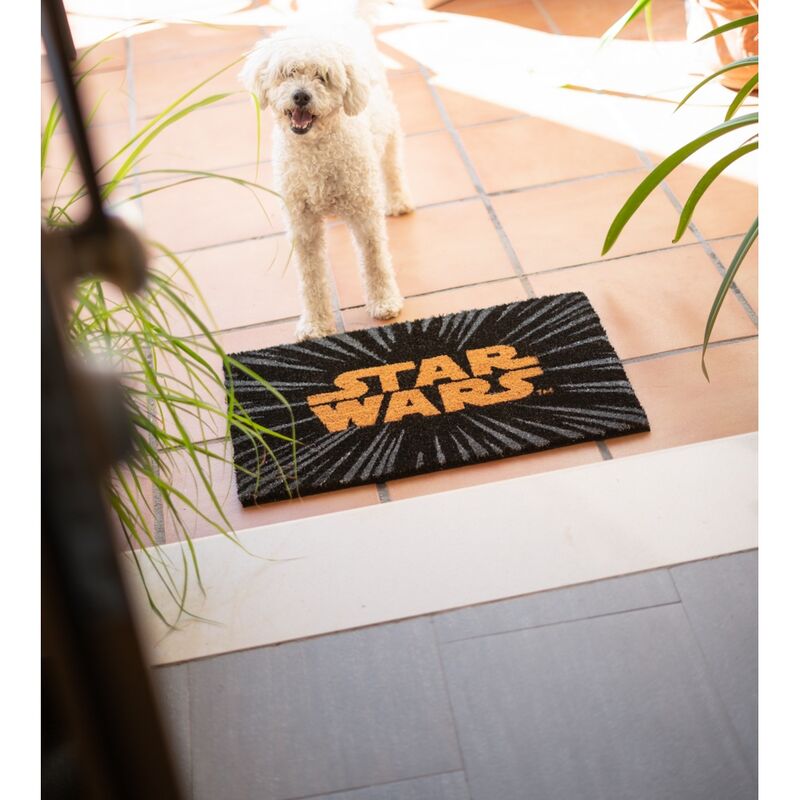 Paillasson Star Wars ERIK installé sur un seuil de porte, illustrant son usage pratique et décoratif