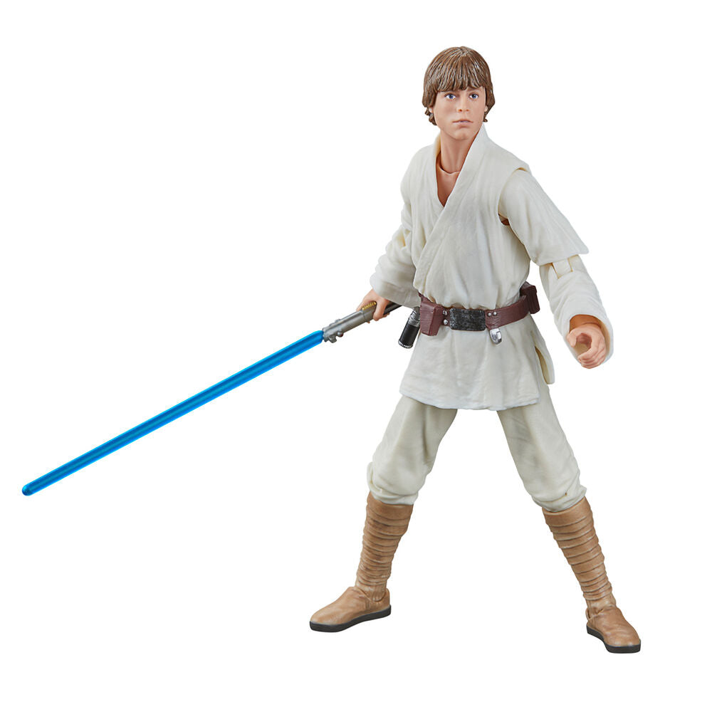 Figurine Luke Skywalker avec accessoires inclus posée sur fond neutre