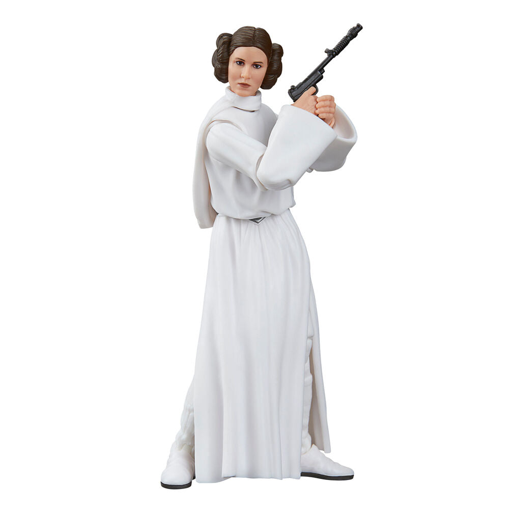 Vue latérale de la figurine HASBRO Princess Leia Organa avec tenue emblématique blanche