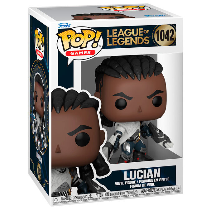 Figurine Funko POP Lucian de League of Legends en vinyle, hauteur 9 cm, présentée dans sa boîte cadeau officielle FUNKO.
