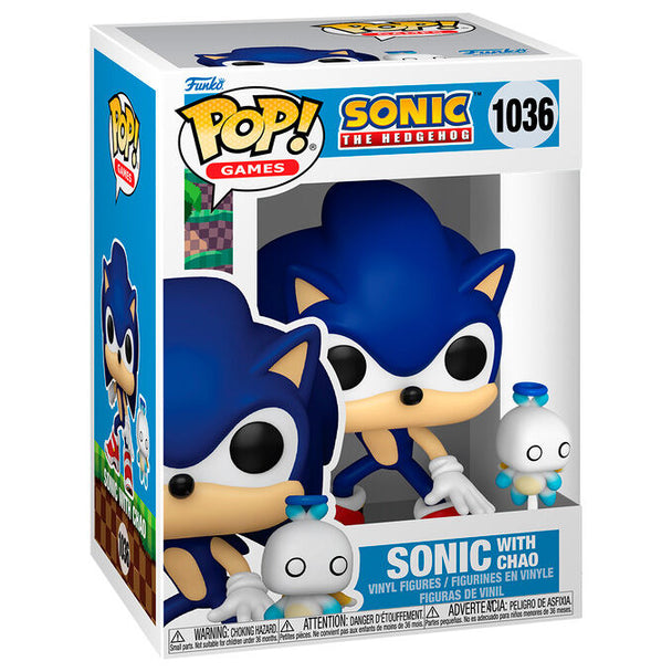 Figurine Funko POP Sonic The Hedgehog de 9 cm avec Chao, présentée dans sa boîte cadeau officielle FUNKO.