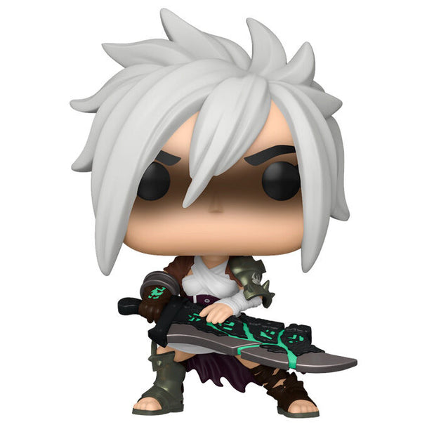 Vue rapprochée de la figurine POP Funko Riven avec détails précis et couleurs vives sur fond blanc