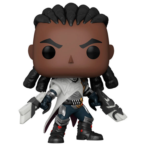 Vue de face de la figurine Funko POP Lucian League of Legends avec détails précis du personnage et emballage collector.