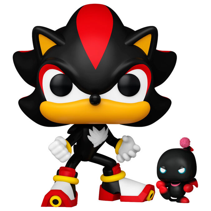 Vue rapprochée de la figurine Funko POP Shadow avec Dark Chao, détaillée et colorée, présentée dans son emballage collector