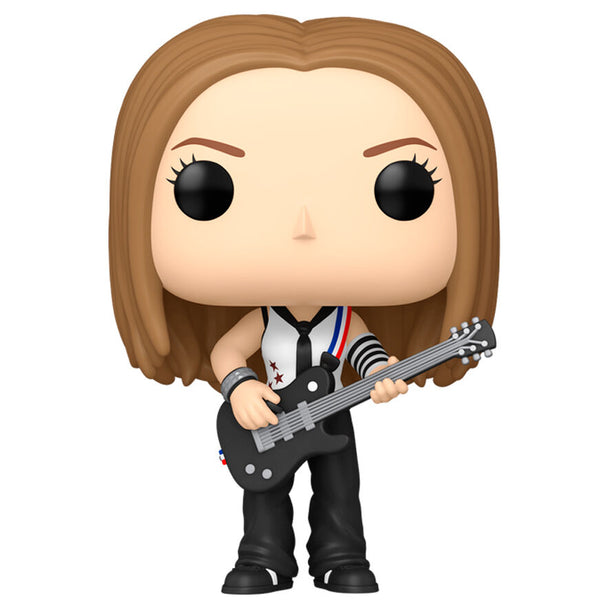 Détail de la figurine Funko POP Avril Lavigne montrant les traits caractéristiques et la boîte collector