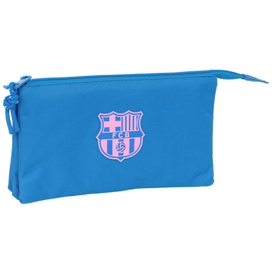 Trousse FC Barcelona officielle SAFTA vue de face avec trois compartiments zippés, dimensions 22x12 cm