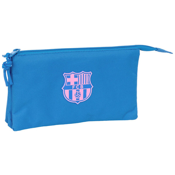 Trousse FC Barcelona officielle SAFTA vue de face avec trois compartiments zippés, dimensions 22x12 cm