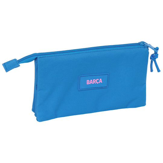 Vue intérieure de la trousse FC Barcelona montrant la pochette centrale zippée et l'organisation en trois compartiments