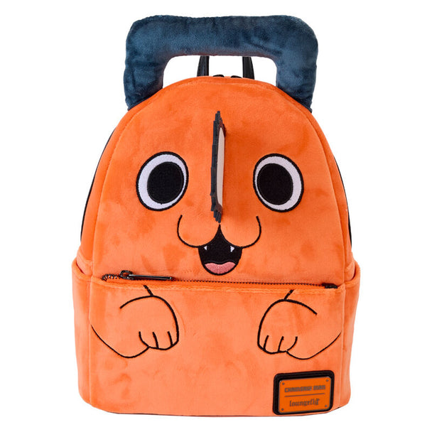 Sac à dos Loungefly Chainsaw Man Pochita vue de face avec détails en peluche 3D et broderies colorées