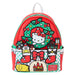 Vue de face du sac à dos Loungefly Hello Kitty édition Noël en simili cuir vegan vert hiver avec appliqués festifs