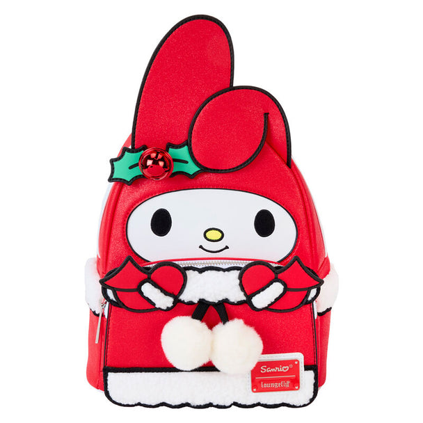 Sac à dos Loungefly Sanrio My Melody Hello Kitty hiver vue de face avec détails sherpa et pompon
