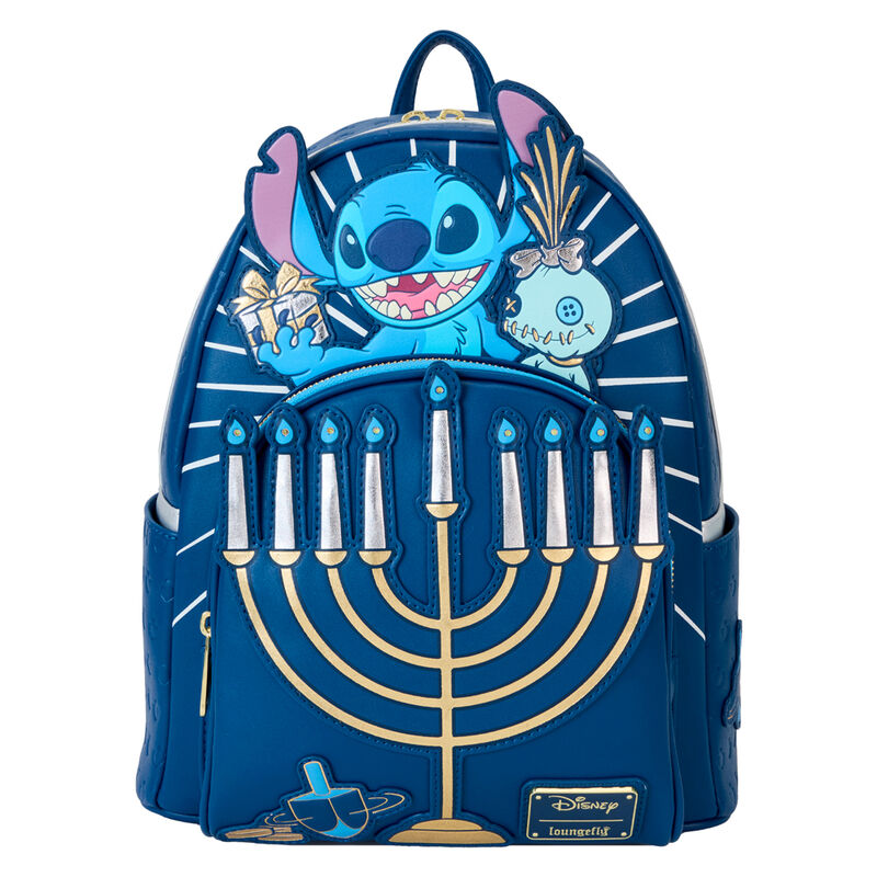 Vue de face du sac à dos Loungefly Disney Stitch Menorah avec design coloré et festif