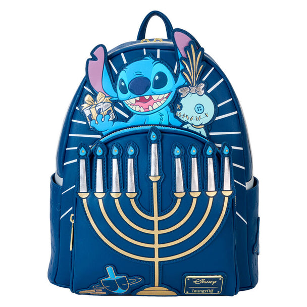 Vue de face du sac à dos Loungefly Disney Stitch Menorah avec design coloré et festif