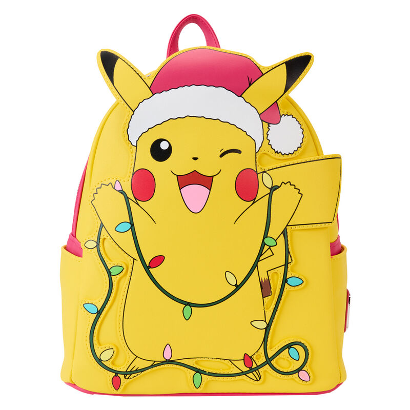Vue de face du sac à dos Loungefly Pokémon Pikachu Holiday avec Pikachu en costume festif