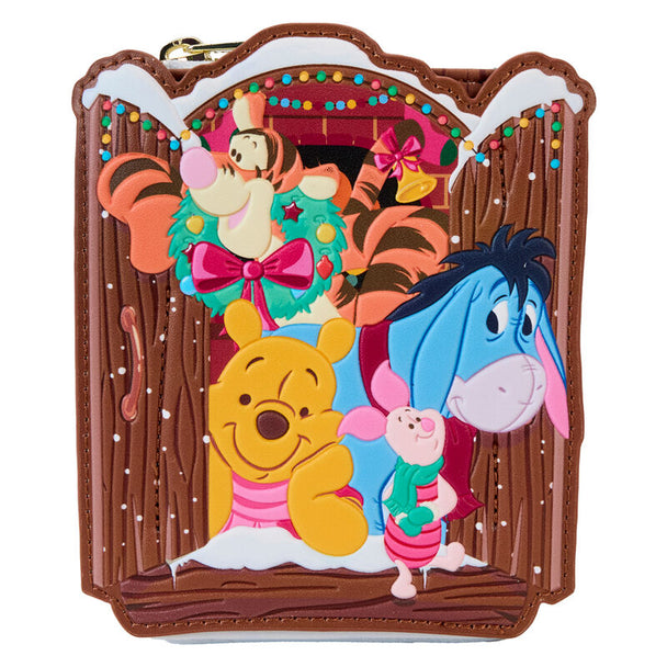 Vue avant du portefeuille Loungefly Disney Winnie l'Ourson Holiday Friends avec illustration colorée