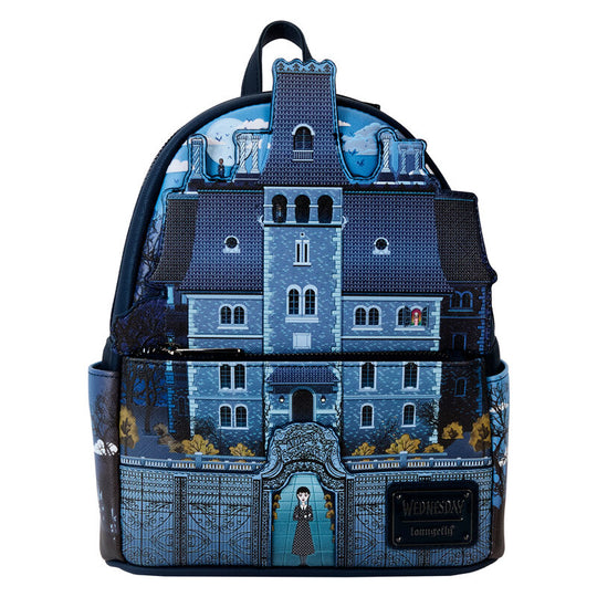 Vue avant du sac à dos Loungefly Wednesday Nevermore Academy avec logo distinctif
