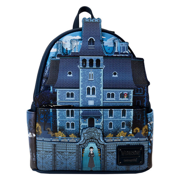 Vue avant du sac à dos Loungefly Wednesday Nevermore Academy avec logo distinctif